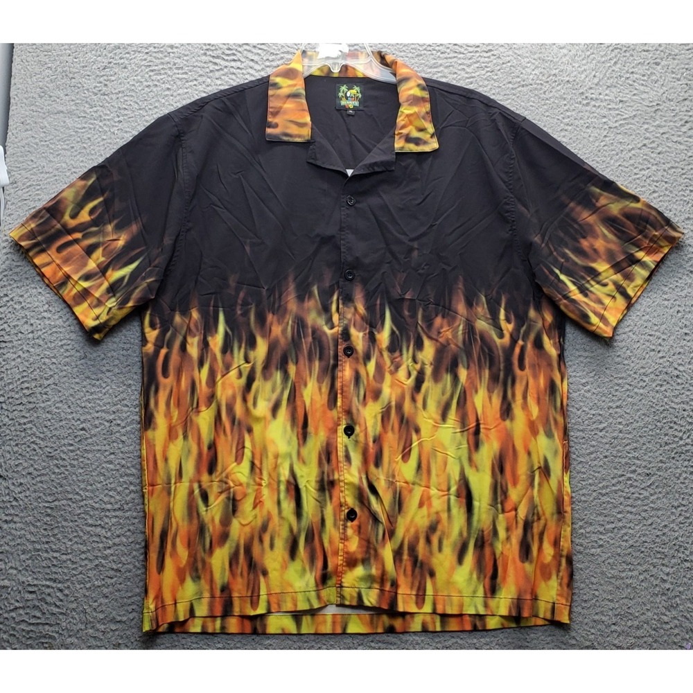 Benny's Flames Bowling Shirt Mens XL Multi Stretch Short Sleeve Collar Button-Up